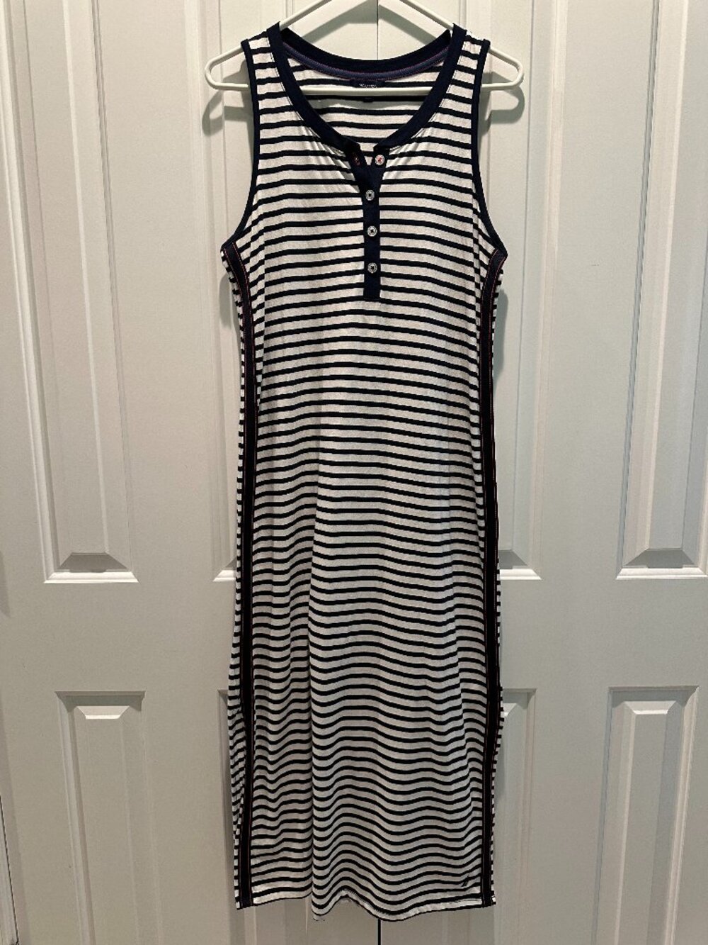 Nautica Striped Henley Sleeveless Long Maxi Dress Navy White M